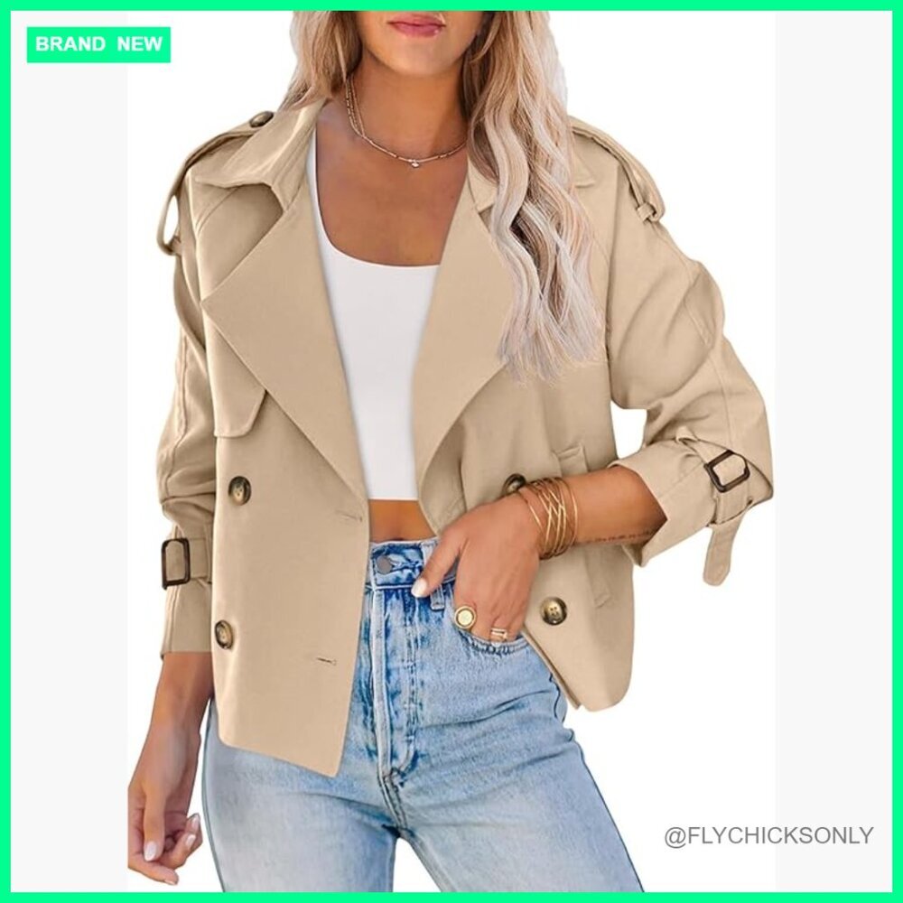 Double Breasted Trench Coat Cropped Jacket with Pockets - Picture 1 of 7